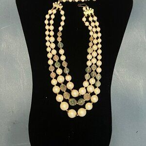 Vintage triple strand necklace of faux pearls and crystals